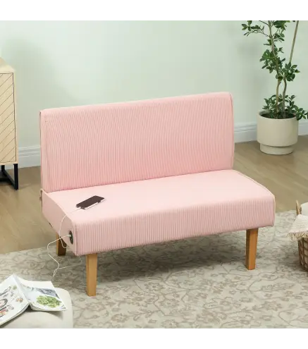 Sofá de 2 Plazas Tapizado en Pana con 2 Puertos USB 1 Puerto Tipo-C y Patas de Madera Carga 240 kg 110x60x85 cm Rosa