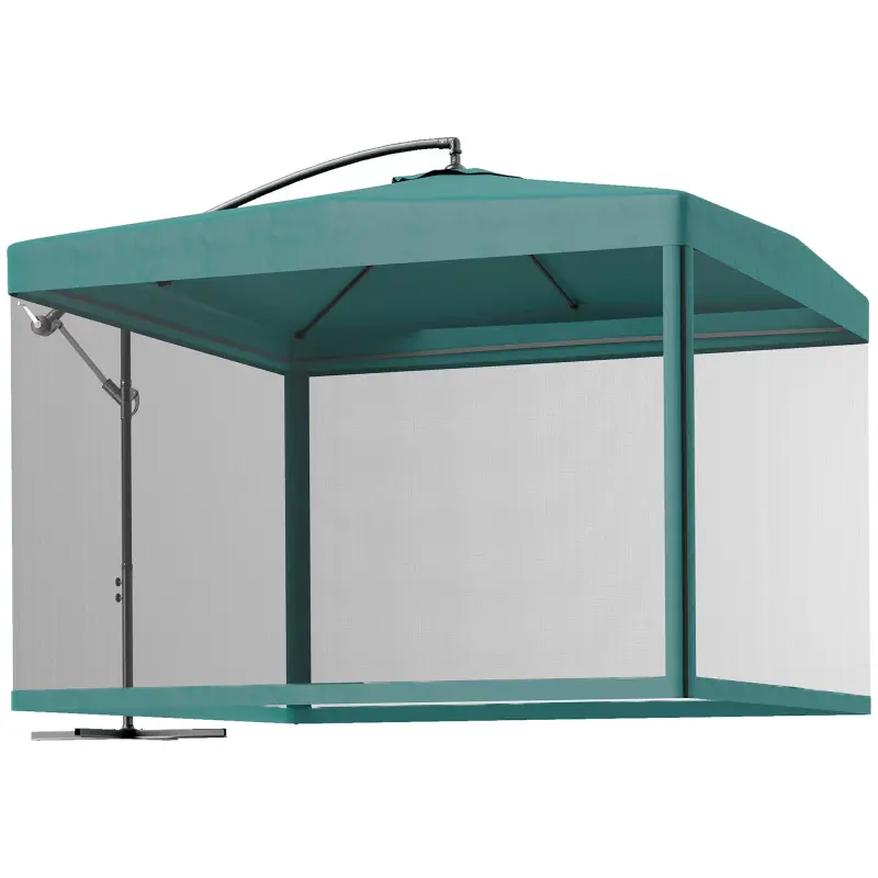 Sombrilla de Jardín Ø295 cm Parasol Excéntrico Inclinable con Mosquiteras Base Cruzada y Manivela Verde Oscuro