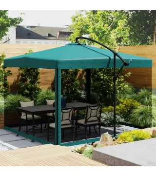 Sombrilla de Jardín Ø295 cm Parasol Excéntrico Inclinable con Mosquiteras Base Cruzada y Manivela Verde Oscuro