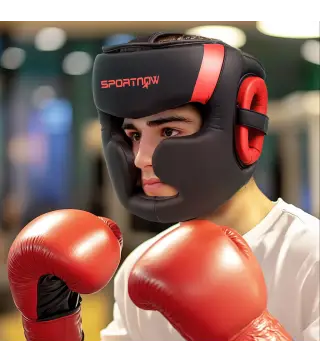 Casco de Boxeo Helmet MMA con Correa Ajustable para Grappling Sparring Artes Marciales Kickboxing Karate Rojo y Negro