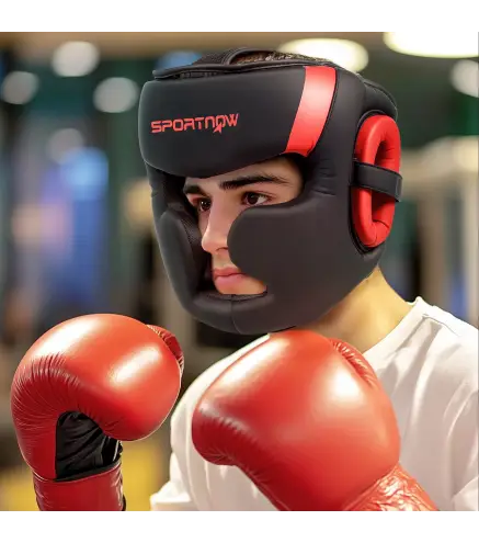 Casco de Boxeo Helmet MMA con Correa Ajustable para Grappling Sparring Artes Marciales Kickboxing Karate Rojo y Negro