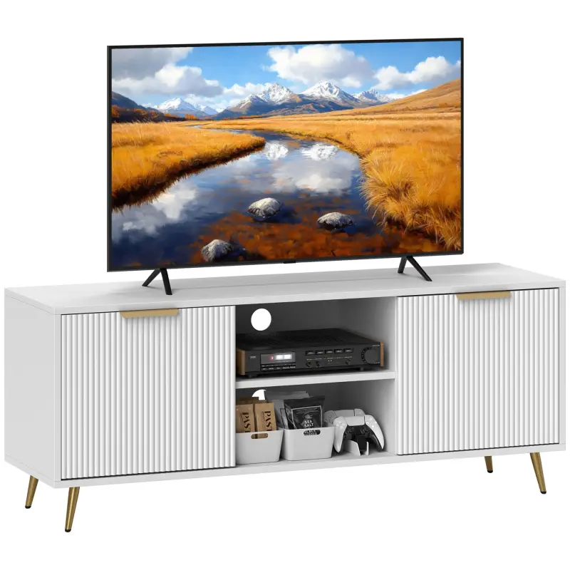 Mueble de TV con 2 Compartimentos Abiertos y 2 Puertas Mueble para Televisión de 55 Pulgadas 120x35x48 cm Blanco