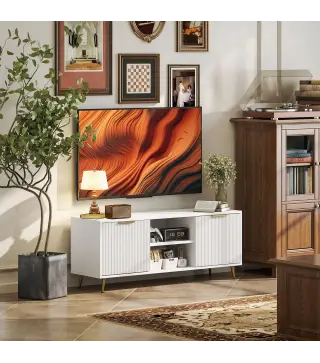 Mueble de TV con 2 Compartimentos Abiertos y 2 Puertas Mueble para Televisión de 55 Pulgadas 120x35x48 cm Blanco