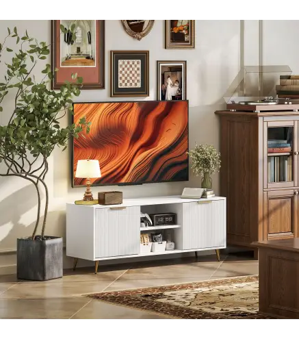 Mueble de TV con 2 Compartimentos Abiertos y 2 Puertas Mueble para Televisión de 55 Pulgadas 120x35x48 cm Blanco