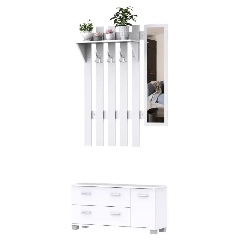 Conjunto de Recibidor de Entrada con Espejo Perchero Zapatero 3 Ganchos Estante y 2 Cajones para Pasillo Blanco