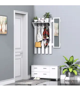 Conjunto de Recibidor de Entrada con Espejo Perchero Zapatero 3 Ganchos Estante y 2 Cajones para Pasillo Blanco