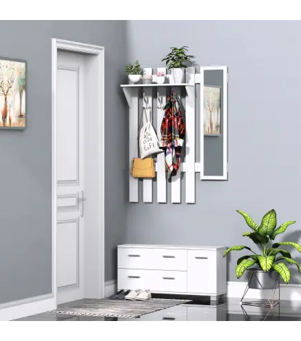 Conjunto de Recibidor de Entrada con Espejo Perchero Zapatero 3 Ganchos Estante y 2 Cajones para Pasillo Blanco