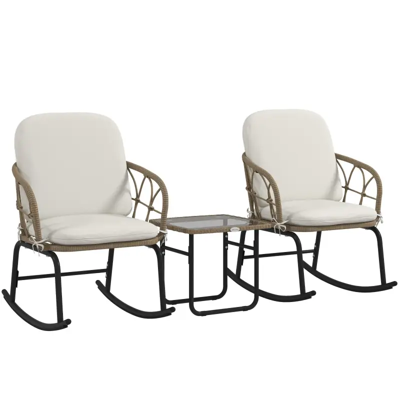 Conjunto de Muebles de Ratán de 3 Piezas con 1 Mesa de Centro 2 Mecedoras y Cojines para Jardín Crema y Beige Conjunto de Muebles de Ratán de 3 Piezas con 1 Mesa de Centro 2 Mecedoras y Cojines para Jardín Crema y Beige