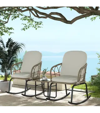 Conjunto de Muebles de Ratán de 3 Piezas con 1 Mesa de Centro 2 Mecedoras y Cojines para Jardín Crema y Beige