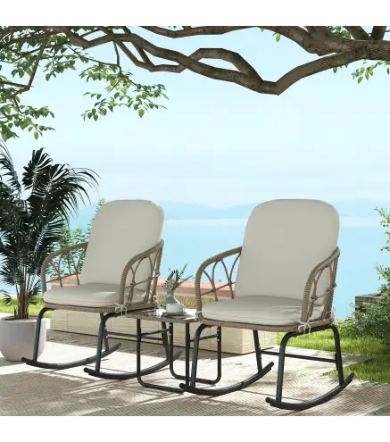 Conjunto de Muebles de Ratán de 3 Piezas con 1 Mesa de Centro 2 Mecedoras y Cojines para Jardín Crema y Beige