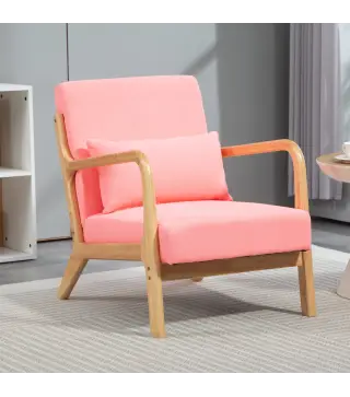 Butaca Nórdica Sillón de Salón Acolchado con Reposabrazos Cojín y Marco de Madera de Caucho 61x78x76 cm Rosa