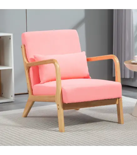 Butaca Nórdica Sillón de Salón Acolchado con Reposabrazos Cojín y Marco de Madera de Caucho 61x78x76 cm Rosa