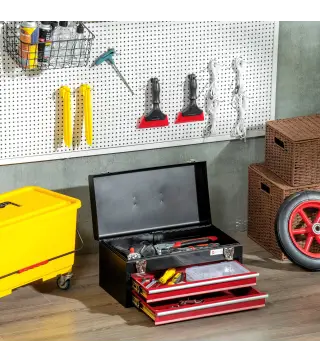 Caja de Herramientas de Acero con 2 Cajones Bandeja Tapa Abatible Cierres Metálicos y Asa 46x24x22 cm Negro