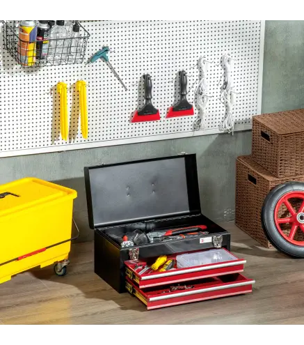 Caja de Herramientas de Acero con 2 Cajones Bandeja Tapa Abatible Cierres Metálicos y Asa 46x24x22 cm Negro