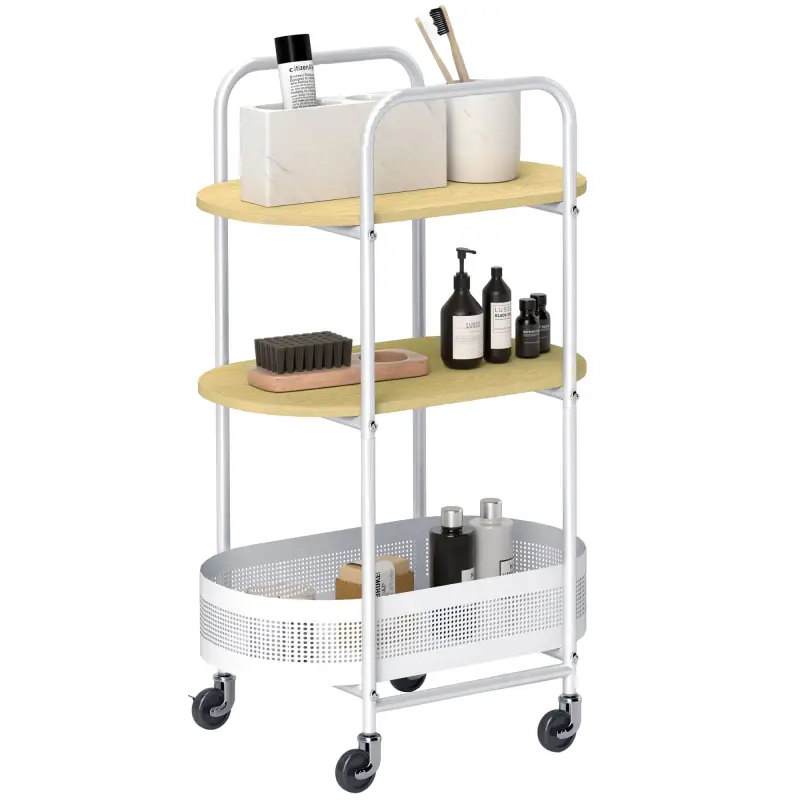 Carrito Auxiliar con Ruedas de 3 Niveles Carro de Almacenamiento con Cesta y Estantes 49,5x32,5x82,5 cm Blanco y Madera Natural