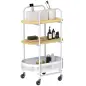 Carrito Auxiliar con Ruedas de 3 Niveles Carro de Almacenamiento con Cesta y Estantes 49,5x32,5x82,5 cm Blanco y Madera Natural