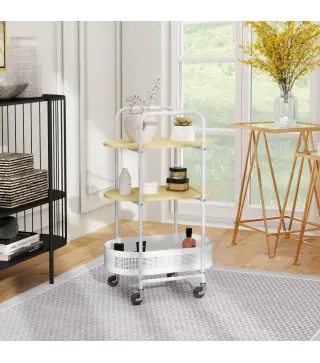 Carrito Auxiliar con Ruedas de 3 Niveles Carro de Almacenamiento con Cesta y Estantes 49,5x32,5x82,5 cm Blanco y Madera Natural