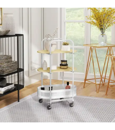 Carrito Auxiliar con Ruedas de 3 Niveles Carro de Almacenamiento con Cesta y Estantes 49,5x32,5x82,5 cm Blanco y Madera Natural