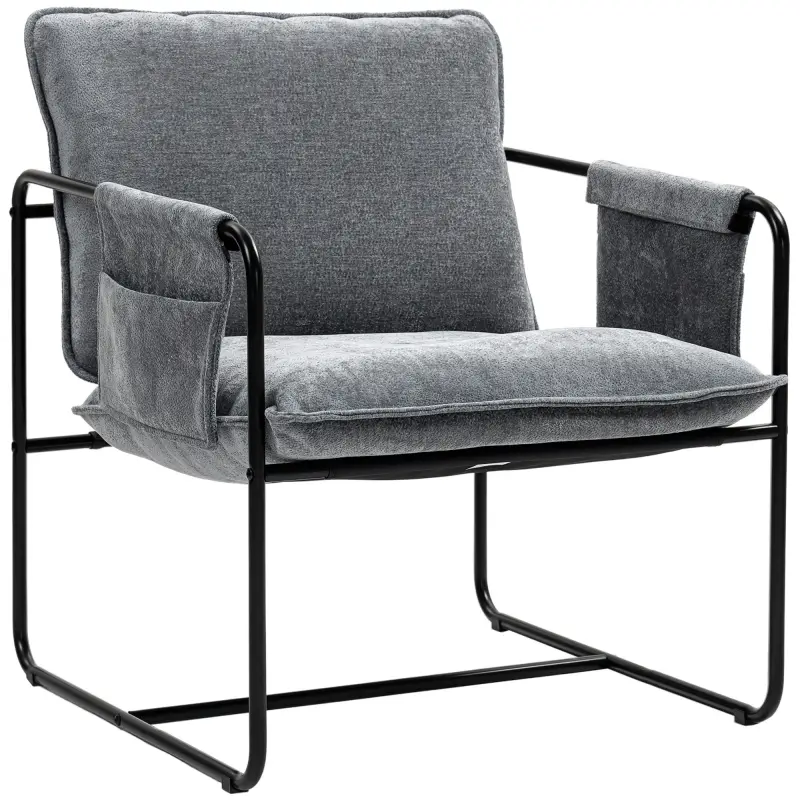 Butaca Moderna para Relax con Tapizado en Chenilla Estructura de Acero y Reposabrazos con Bolsillos 68x76x81 cm Gris