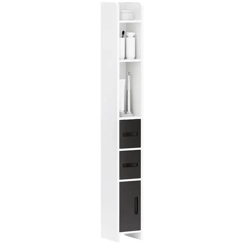 Columna de Baño con 3 Puertas y 3 Estantes Abiertos Armario de Baño Alto Estilo Moderno 15x17x120 cm Blanco y Negro