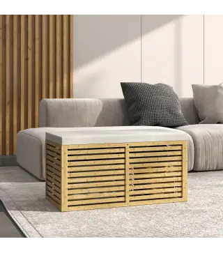 Baúl de Almacenaje 122L Tapizado en Lino Sintético con Cojín Marco de Bambú 90x42x43 cm Gris y Natural