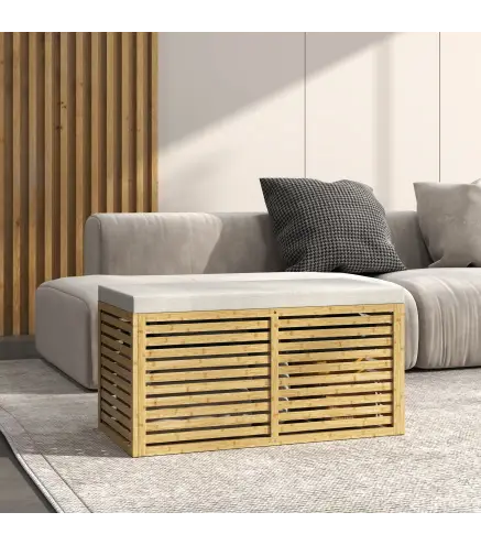 Baúl de Almacenaje 122L Tapizado en Lino Sintético con Cojín Marco de Bambú 90x42x43 cm Gris y Natural