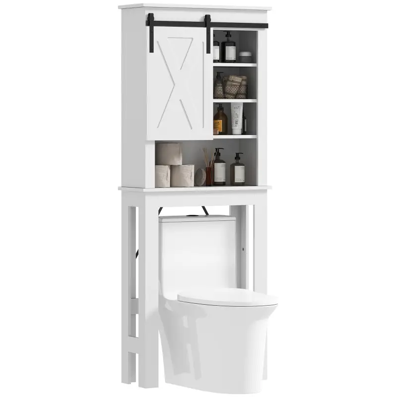 Mueble sobre Inodoro para el Baño con Puerta Corredera de Granero y 6 Compartimentos Estilo Rústico 67x25x172 cm Blanco