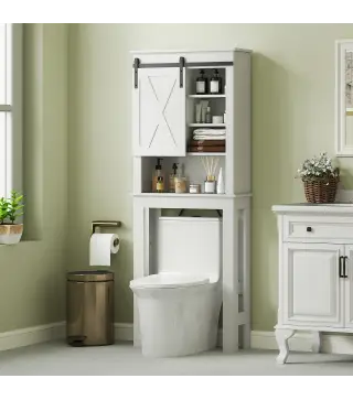 Mueble sobre Inodoro para el Baño con Puerta Corredera de Granero y 6 Compartimentos Estilo Rústico 67x25x172 cm Blanco
