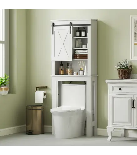 Mueble sobre Inodoro para el Baño con Puerta Corredera de Granero y 6 Compartimentos Estilo Rústico 67x25x172 cm Blanco