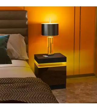 Mesilla de Noche con Luces LED 2 Cajones y Control de APP Mesa de Noche para Dormitorio Salón 45x35x52 cm Negro