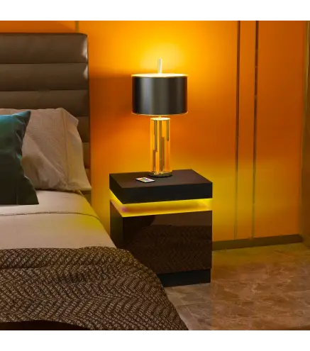 Mesilla de Noche con Luces LED 2 Cajones y Control de APP Mesa de Noche para Dormitorio Salón 45x35x52 cm Negro