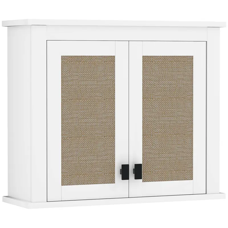 Armario de Pared para Baño Mueble de Baño Suspendido con 2 Puertas de Ratán PE Estante Ajustable 60x19,5x49,4 cm Blanco