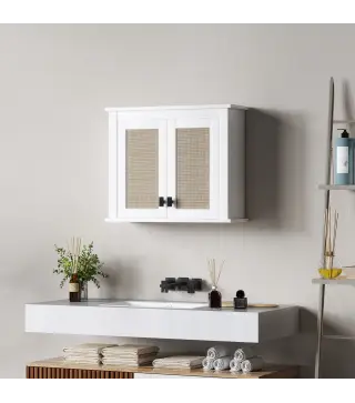 Armario de Pared para Baño Mueble de Baño Suspendido con 2 Puertas de Ratán PE Estante Ajustable 60x19,5x49,4 cm Blanco
