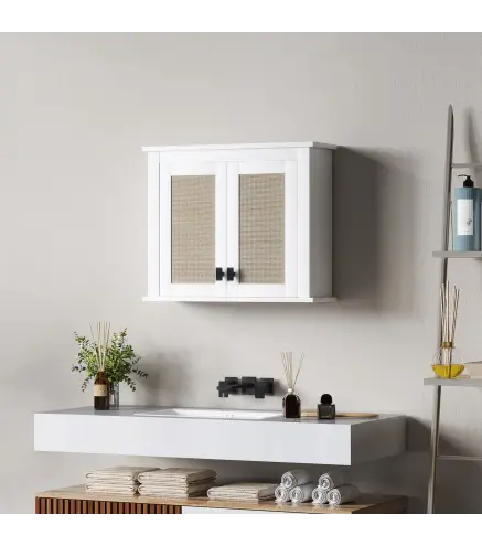 Armario de Pared para Baño Mueble de Baño Suspendido con 2 Puertas de Ratán PE Estante Ajustable 60x19,5x49,4 cm Blanco