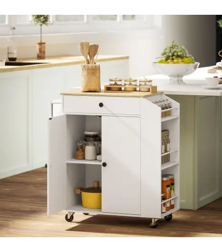 Isla de Cocina con 2 Puertas Cajón Especiero de 3 Niveles Toallero y Estante Ajustable 82x38x86,5 cm Blanco