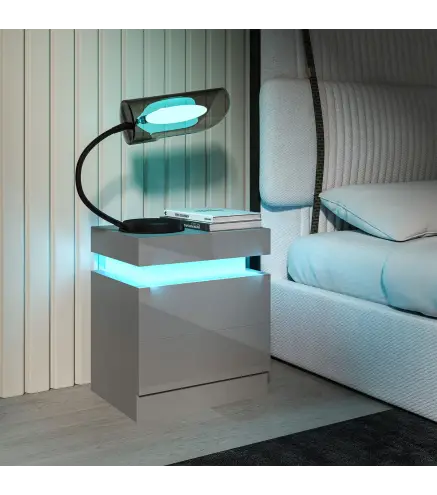 Mesilla de Noche con Luces LED 2 Cajones y Control de APP Mesa de Noche para Dormitorio Salón 45x35x52 cm Gris