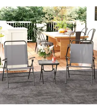 Conjunto de 3 Piezas Mesa con Encimera de Cristal y Sillas Plegables con Respaldo Regulable para Terraza Exterior Gris
