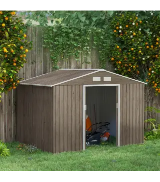 Cobertizo de Jardín 4,9 m² 277x195x192 cm con 2 Puertas Corredizas Techo Inclinado y 4 Ventanas Efecto Madera