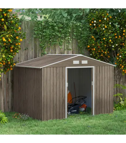 Cobertizo de Jardín 4,9 m² 277x195x192 cm con 2 Puertas Corredizas Techo Inclinado y 4 Ventanas Efecto Madera