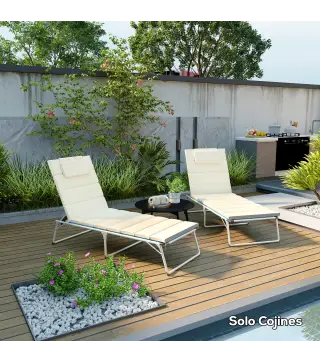 Pack 2 Cojines para Tumbonas Plegables 203x66x3 cm con Reposacabezas y Correas de Sujeción Crema