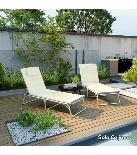 Pack 2 Cojines para Tumbonas Plegables 203x66x3 cm con Reposacabezas y Correas de Sujeción Crema