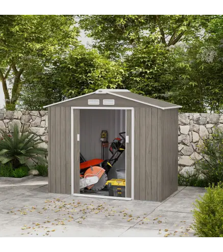 Cobertizo de Jardín 2,42 m² 213x130x185 cm con 2 Puertas Corredizas Techo Inclinado y 4 Ventanas Efecto Madera