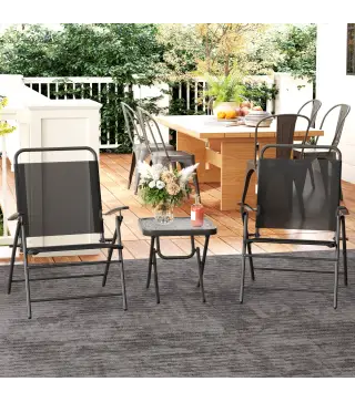 Conjunto de 3 Piezas Mesa con Encimera de Cristal y Sillas Plegables con Respaldo Regulable para Terraza Exterior Negro