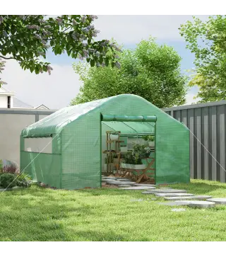 Invernadero de Túnel 4x3x2 m con 2 Ventanas Cubierta de PE Anti-UV y 1 Puerta Enrollable con Cremallera Verde