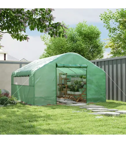 Invernadero de Túnel 4x3x2 m con 2 Ventanas Cubierta de PE Anti-UV y 1 Puerta Enrollable con Cremallera Verde