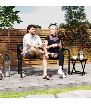 Banco de Jardín de 2 Plazas con Respaldo Forjado y Apoyabrazos Curvados de Diseño Elegante 127x56x80 cm Negro y Madera