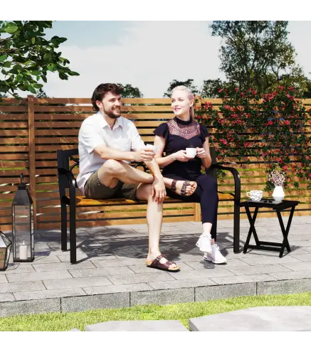 Banco de Jardín de 2 Plazas con Respaldo Forjado y Apoyabrazos Curvados de Diseño Elegante 127x56x80 cm Negro y Madera