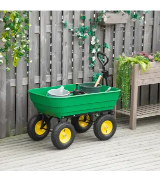 Carro de Jardín Basculante Capacidad 125 L Carga 200 kg con Marco de Acero y 4 Ruedas Neumáticas Verde