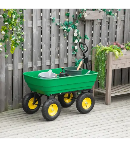 Carro de Jardín Basculante Capacidad 125 L Carga 200 kg con Marco de Acero y 4 Ruedas Neumáticas Verde