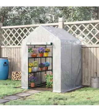 Invernadero de Exterior con 2 Estantes Puerta con Cremallera y Marco de Acero 143x143x195 cm Blanco